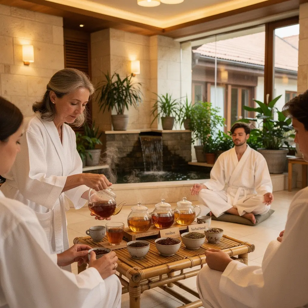 Egy asztal tele gyógynövényes teákkal és egészséges nassolnivalókkal.